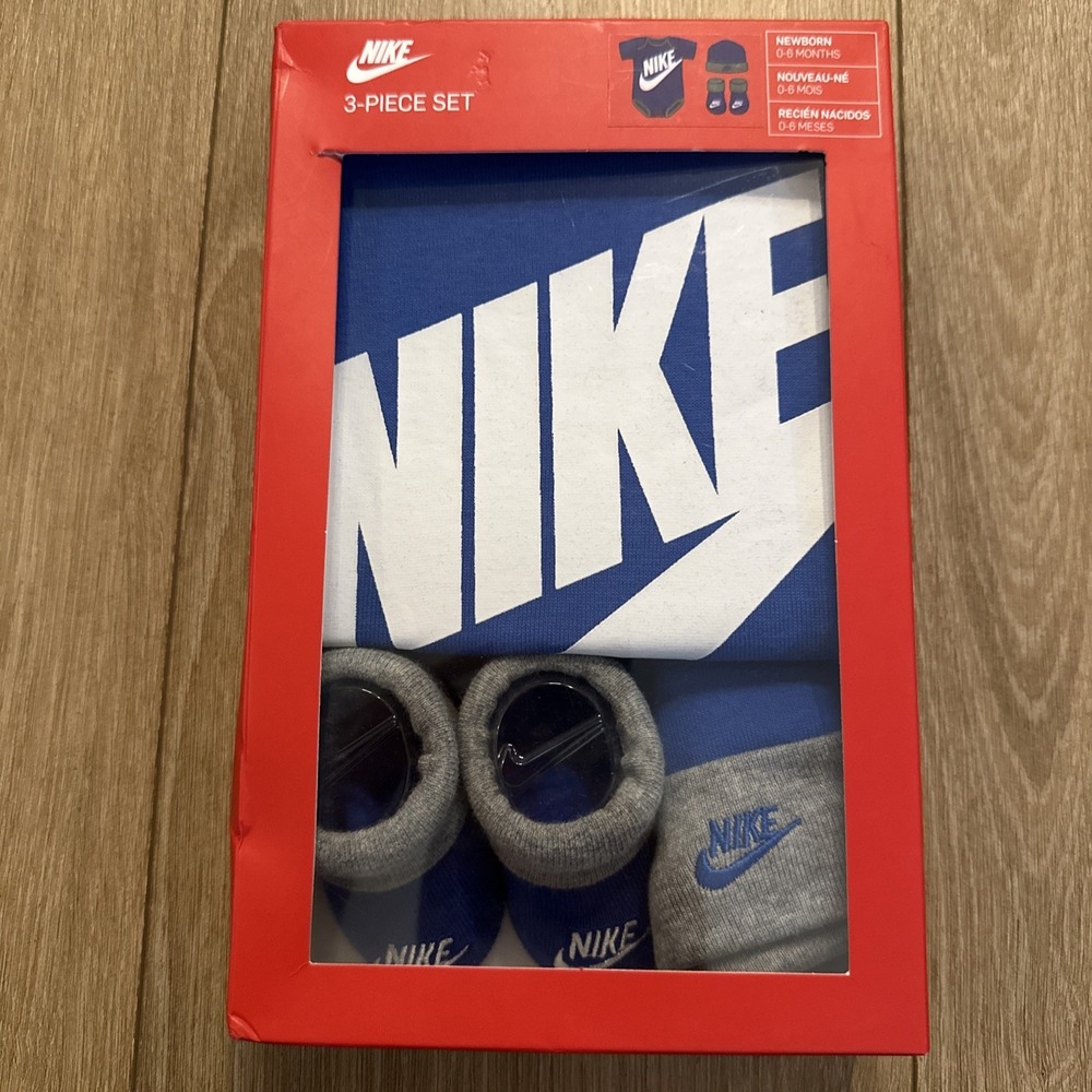 Nike 3- Piece‎ Set Bodysuit Hat & Booties Newborn 0-6 Mo Baby Infant Blue Swoosh